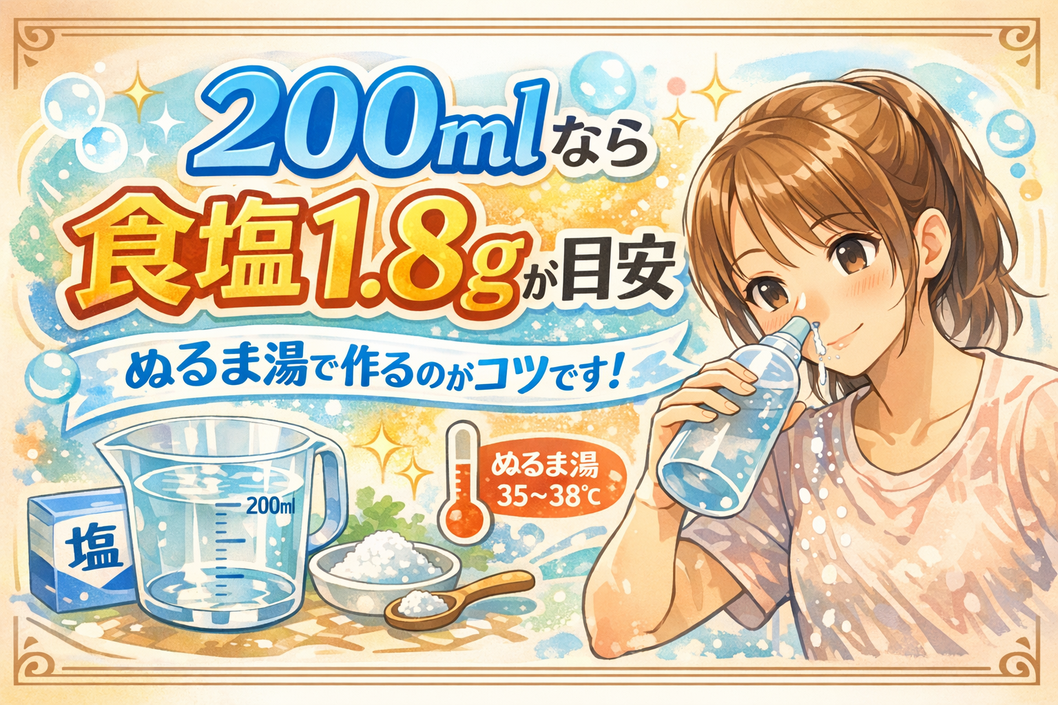 200mlなら食塩1.8gが目安、ぬるま湯で作るのがコツです！