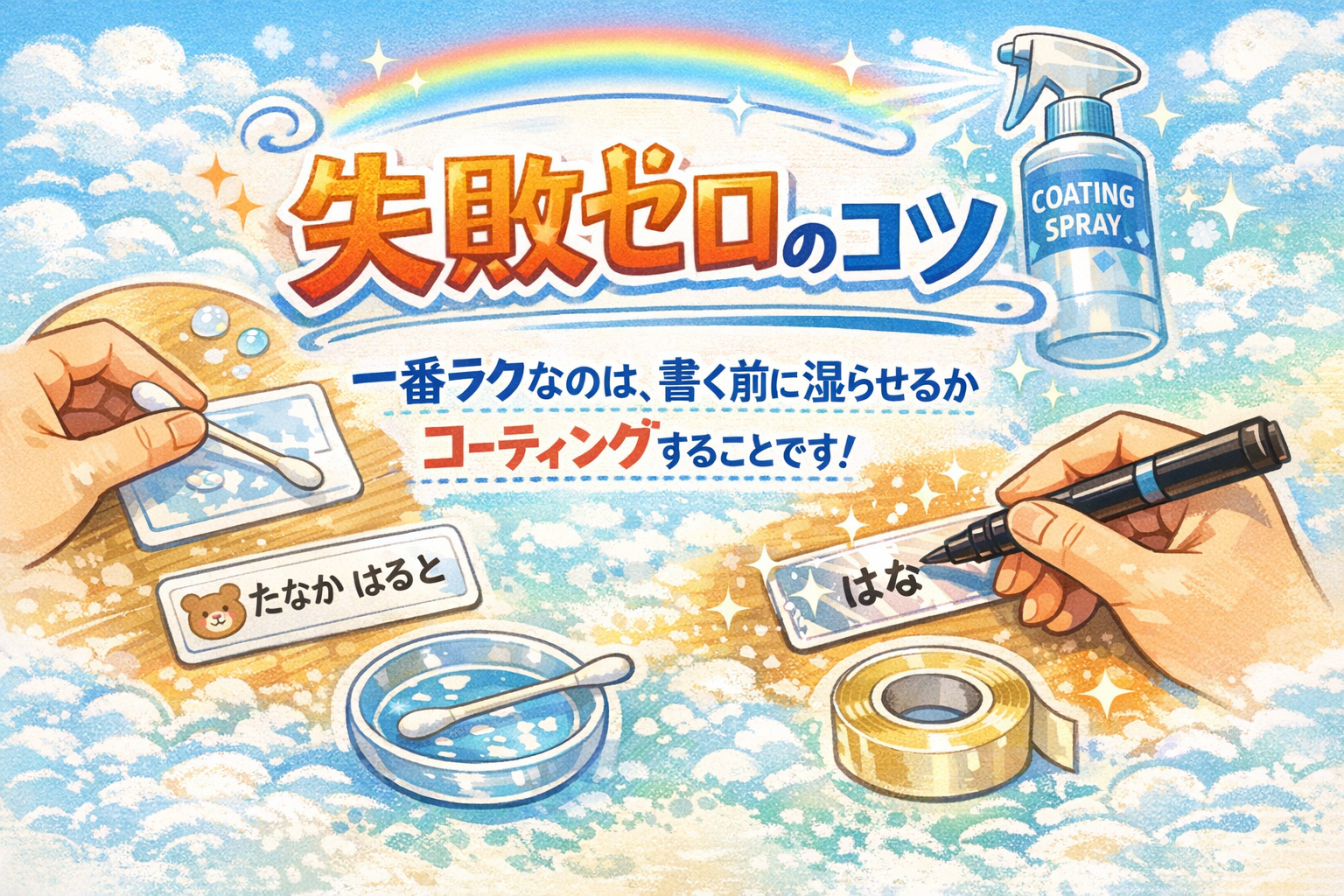 一番ラクなのは、書く前に湿らせるかコーティングすることです！